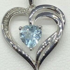 Two Hearts Forever One Sterling Silver blue Topaz & Diamond Necklace NWOB $225